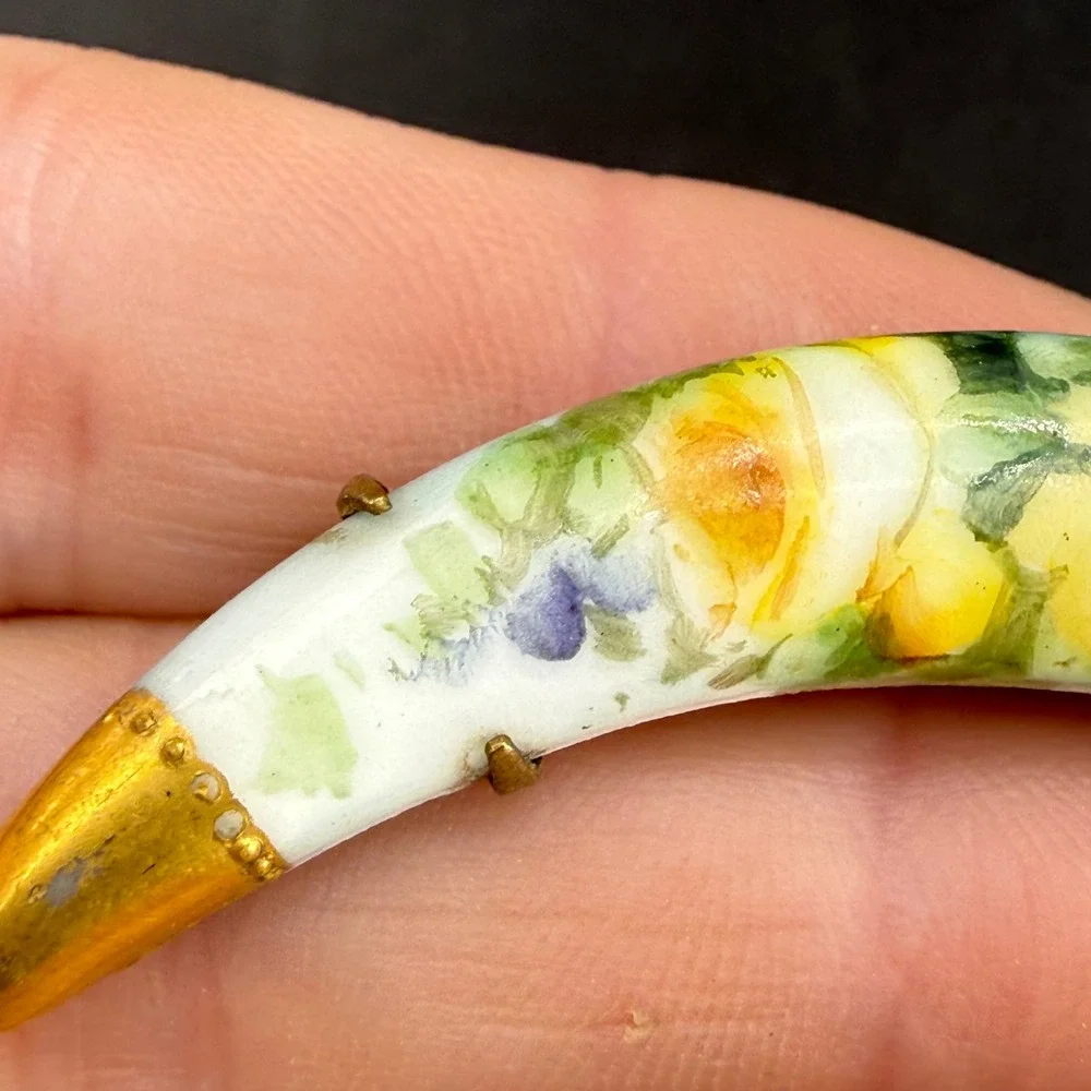 Vintage Victorian Hand Painted Porcelain Brooch Crescent Moon Yellow Rose Floral